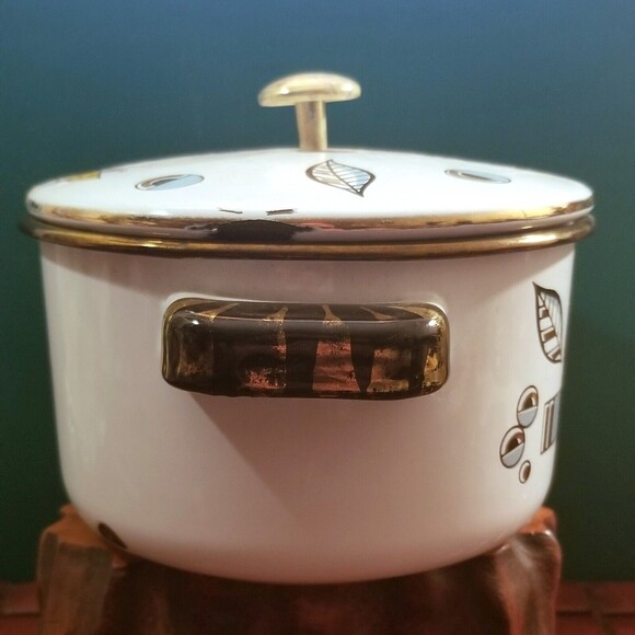 Mid Century Georges Briard Ambrosia Pineapple Porcelain Enamel Kettle & Lid 7" - Picture 9 of 12